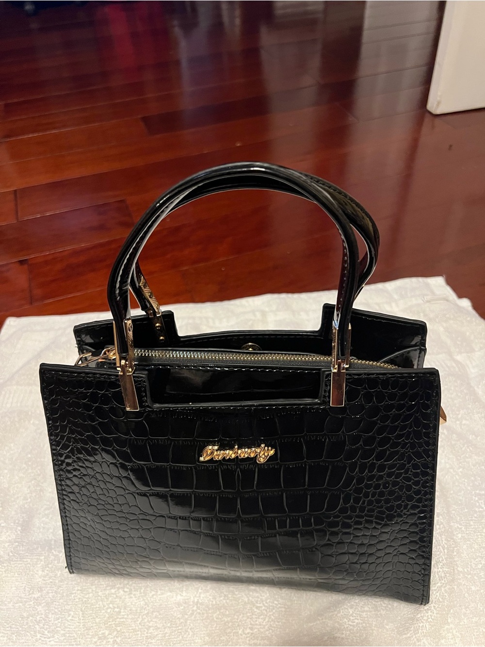 Structured Black Faux-Croc Satchel with Gold Accents
